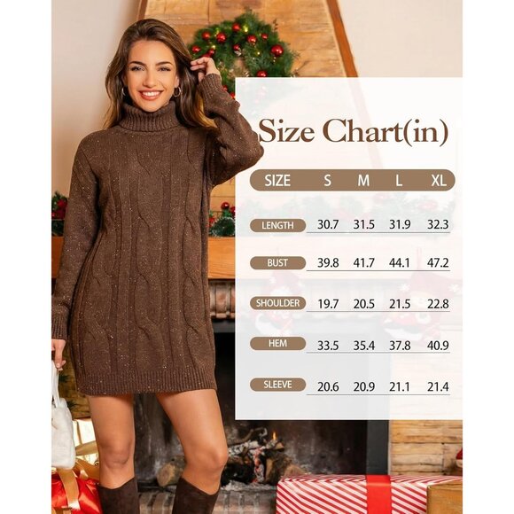Women's Long Sleeve Turtleneck Sweater Dresses Ribbed Knit Midi Dress Coffee - Picture 4 of 4